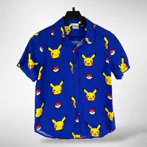 Pokemon Pikachu Button Up Shirt Kids Blue All Over Print Rayon Youth M